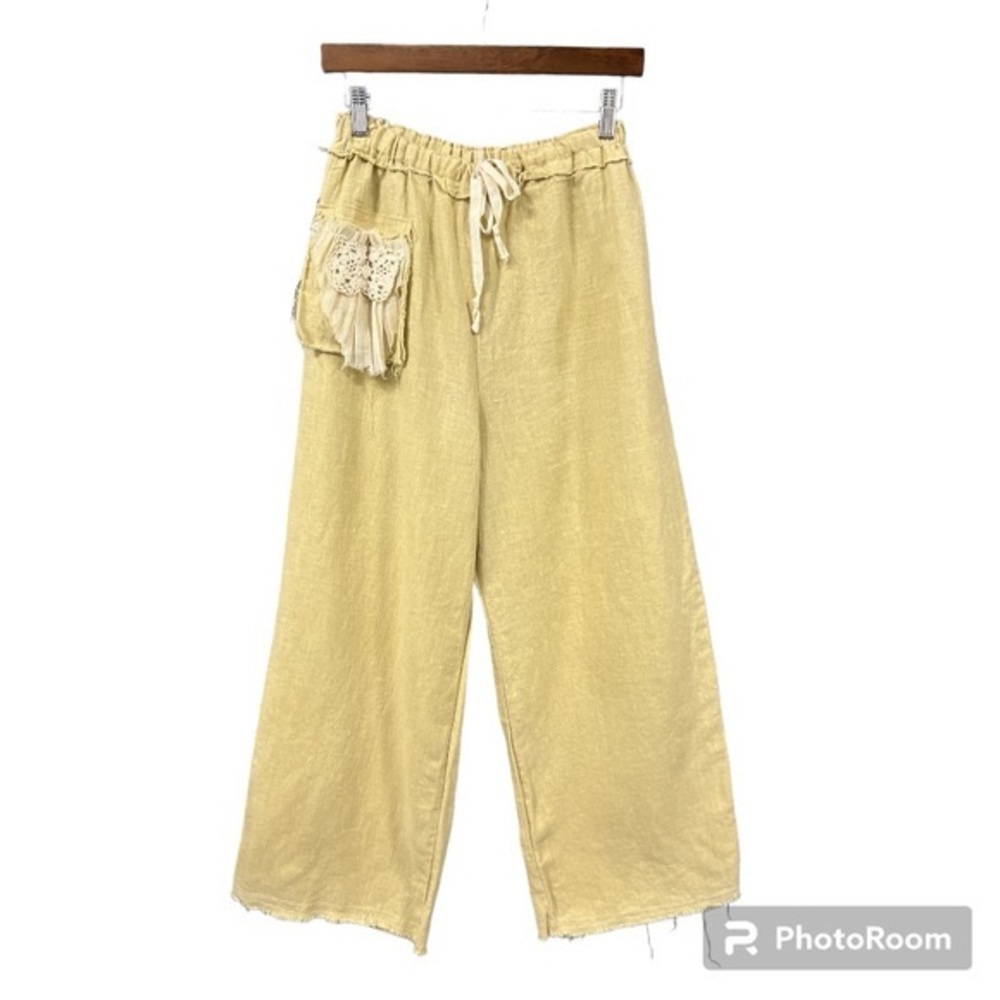 Women's Wide Leg Linen Pants L/XL Tattered Wear by Metta Marie Tan/Flax Coastal